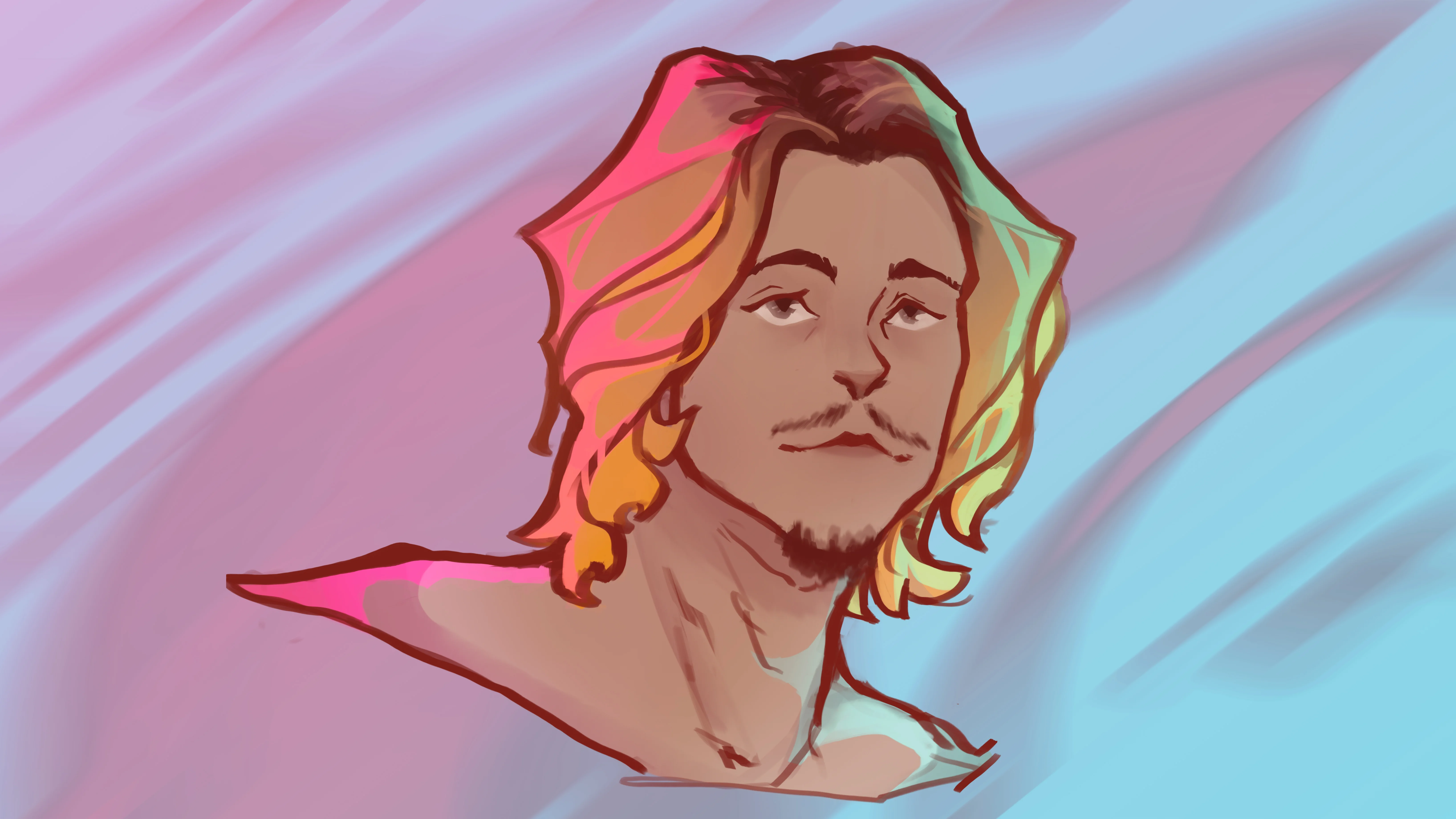 Digital artwork of a person with colorful hair in pinks, yellows, and greens on a pastel pink and blue background. The expression is calm and introspective.